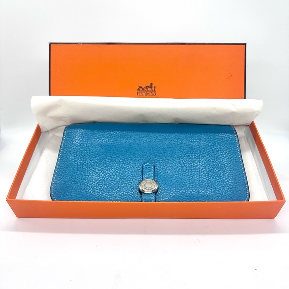 Authentic Hermes Dogon Duo Wallet with Zip Pouch in  Bleu Jean Togo Leather EUC - Picture 3 of 17